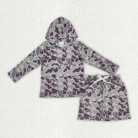 RTS NO MOQ milk silk BLS0039（BT0923+SS0733）Baby Boys Grey Camo Print Hooded Top Shorts Daily Set