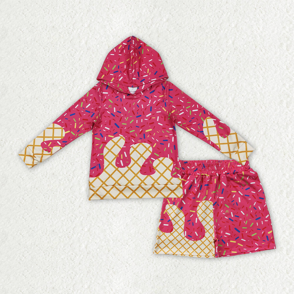 NEW RTS NO MOQ milk silk BLS0040（BT1271+SS0636）Baby Girls Summer Red Watermelon Sprinkles Drip Print Hoodie Top Elastic Waist Shorts Set