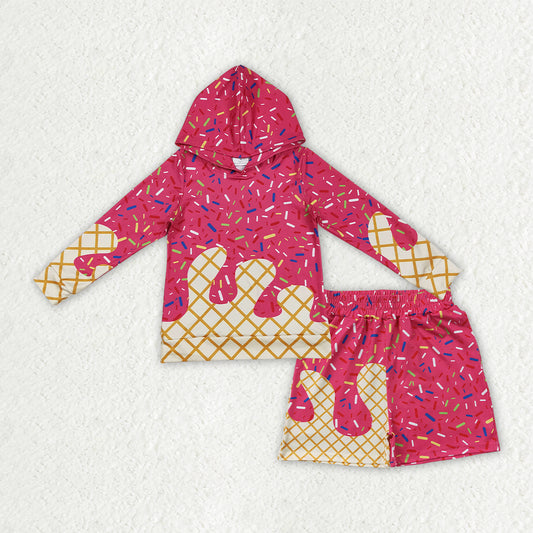 NEW RTS NO MOQ milk silk BLS0040（BT1271+SS0636）Baby Girls Summer Red Watermelon Sprinkles Drip Print Hoodie Top Elastic Waist Shorts Set