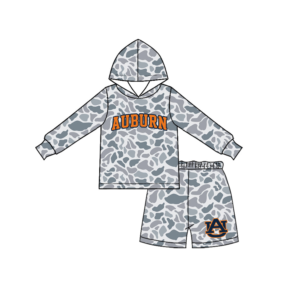 (Preorder new) No moq Baby Boys Grey Camo Print Hooded Long Sleeve Top Short Clothes Set