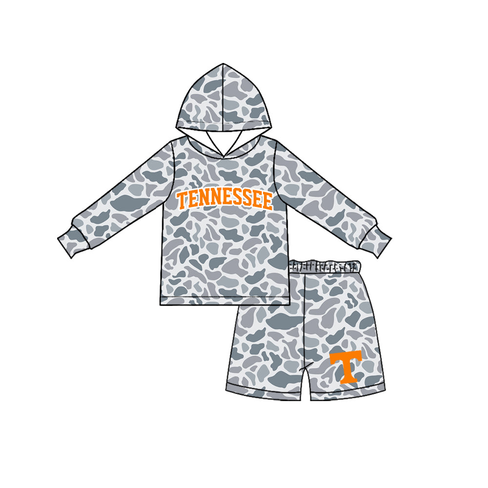 (Preorder new) No moq Baby Boys Grey Camo Print Hooded Long Sleeve Top Short Clothes Set