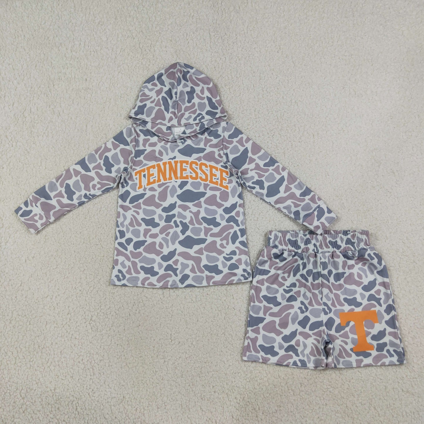 RTS NO MOQ Sibling milk silk Baby Boys Camo Long Sleeve Hoodie Pockets Shorts Casual Outfit