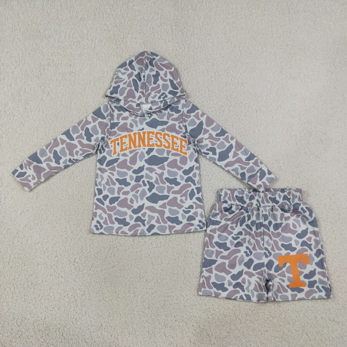 RTS NO MOQ Sibling milk silk Baby Boys Light Grey Camo Long Sleeve Hoodie Pockets Short Team Clothes Set