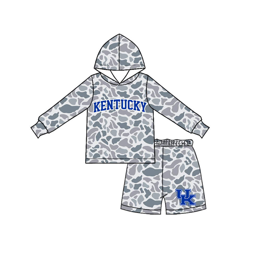 (Preorder new) No moq Baby Boys Grey Camo Print Hooded Long Sleeve Top Short Clothes Set