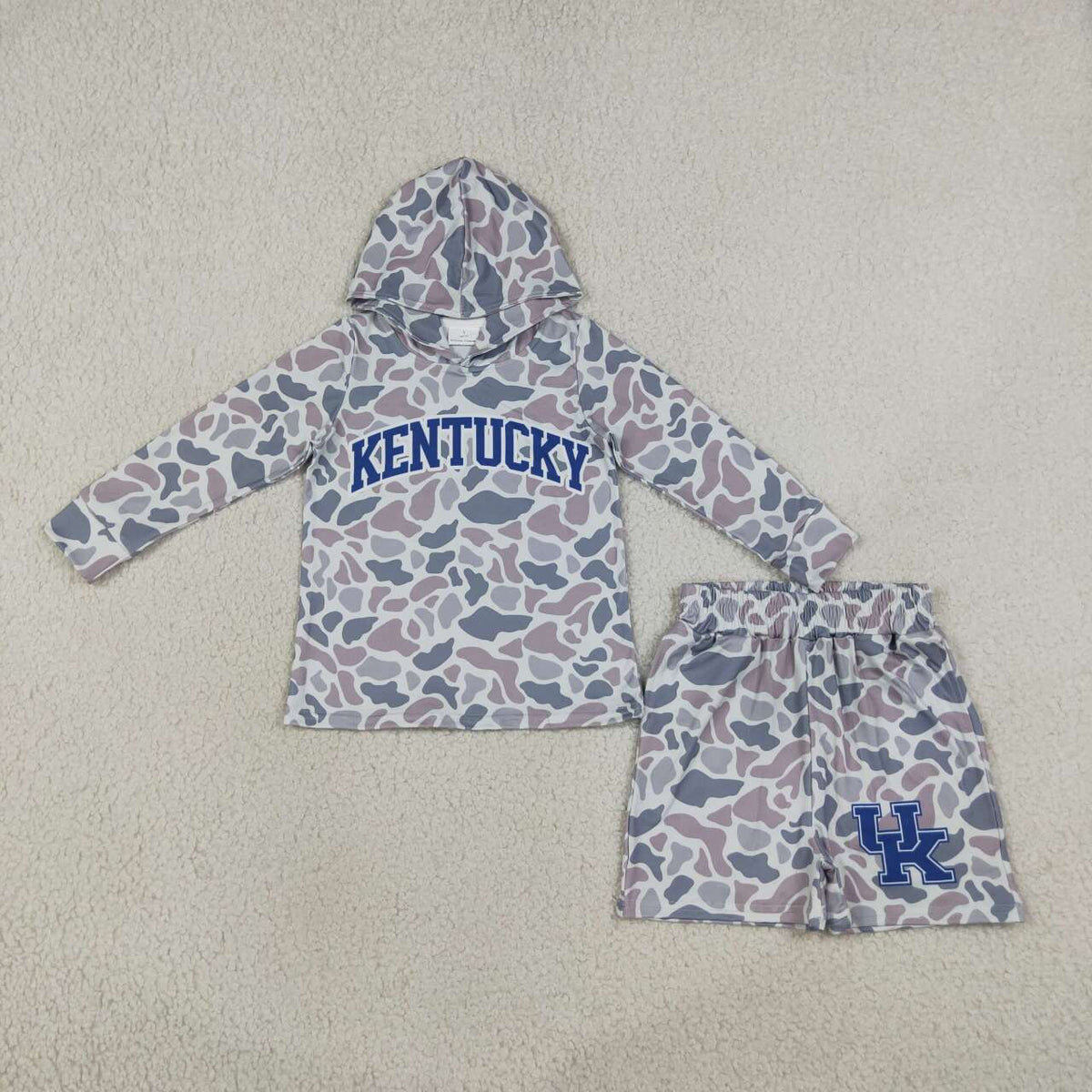NEW RTS NO MOQ milk silk BLS0043 Baby Boys Grey Camo Navy Blue Letter Print Long Sleeve Hoodie Casual Shorts Team Daily Set