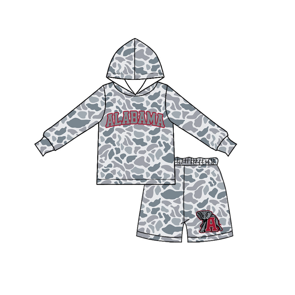 (Preorder new) No moq Baby Boys Grey Camo Print Hooded Long Sleeve Top Short Clothes Set