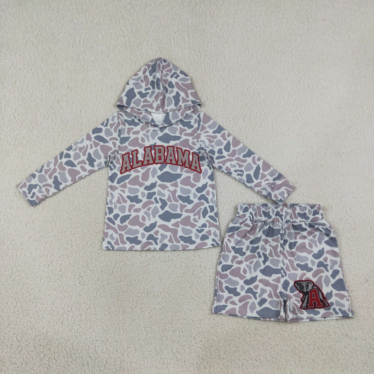 RTS NO MOQ Sibling milk silk Baby Boys Light Grey Camo Long Sleeve Hoodie Pockets Short Team Clothes Set