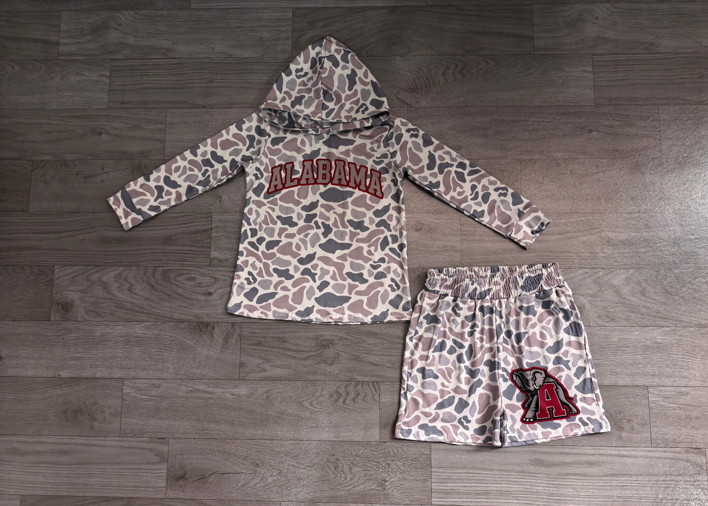 (Sample) No moq milk silk BLS0044 Baby Boys Grey Camo Alabama Long Sleeve Hoodie Short Team Clothes Set