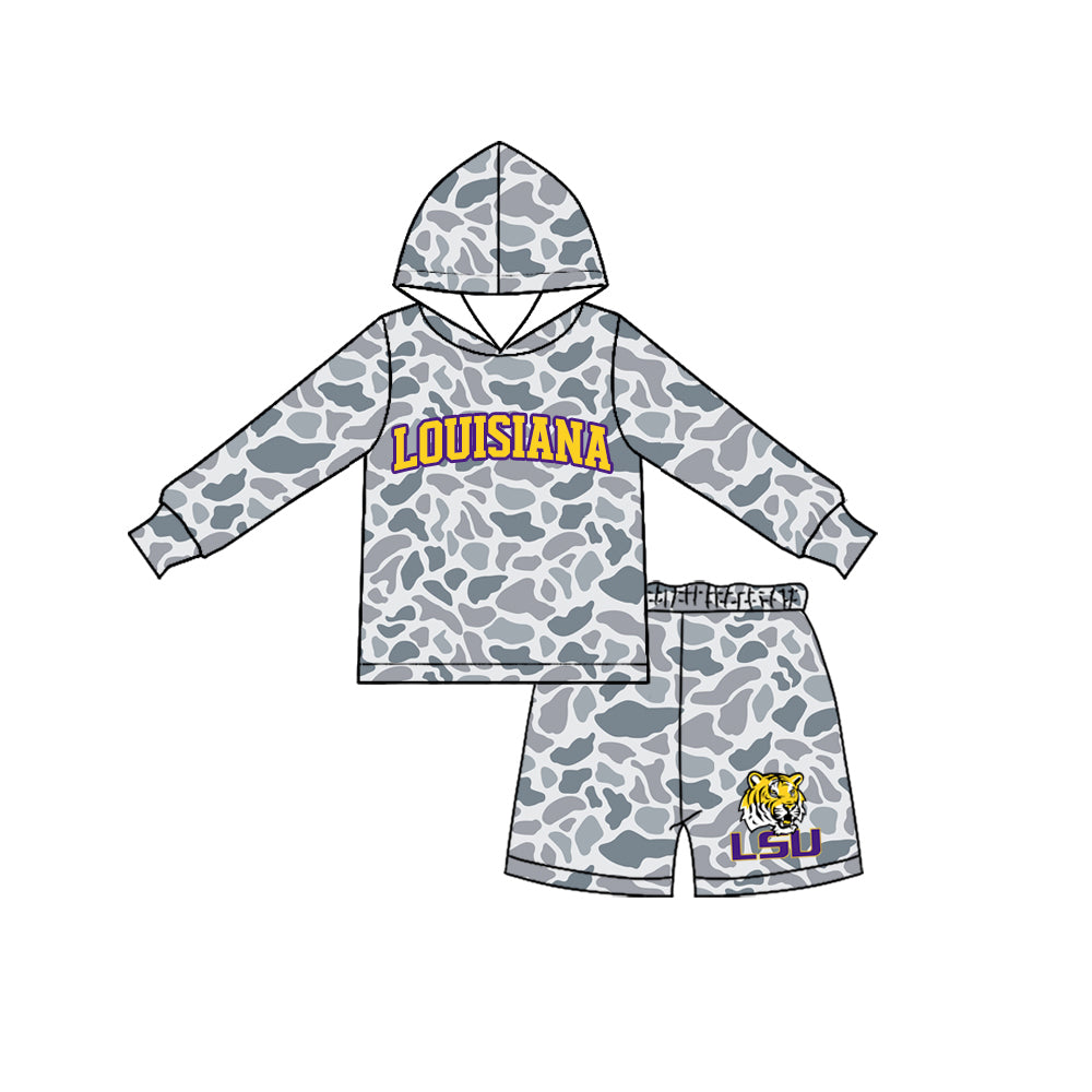 (Preorder new) No moq Baby Boys Grey Camo Print Hooded Long Sleeve Top Short Clothes Set