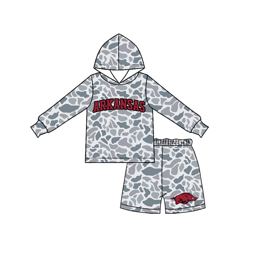 (Preorder new) No moq Baby Boys Grey Camo Print Hooded Long Sleeve Top Short Clothes Set