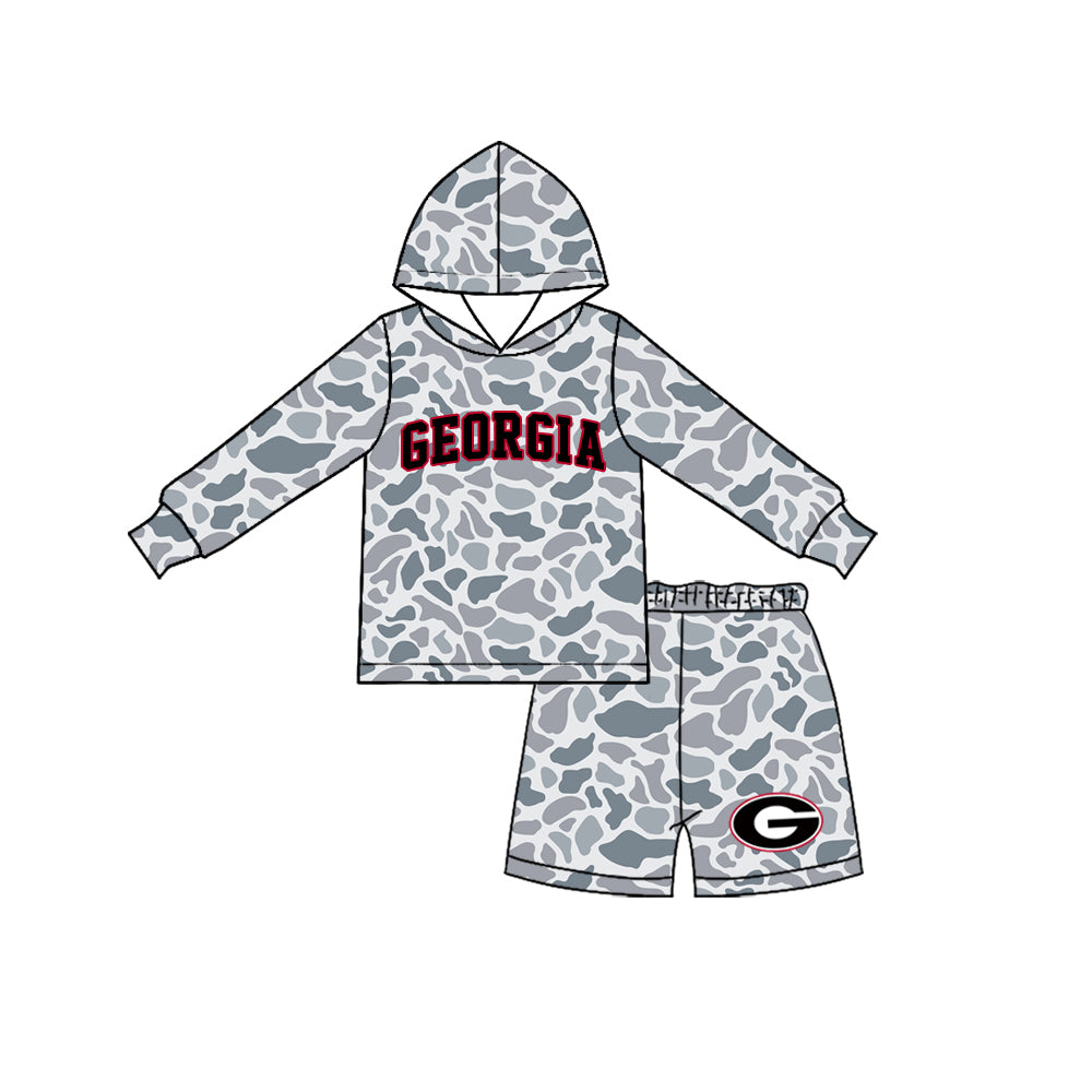 (Preorder new) No moq Baby Boys Grey Camo Print Hooded Long Sleeve Top Short Clothes Set