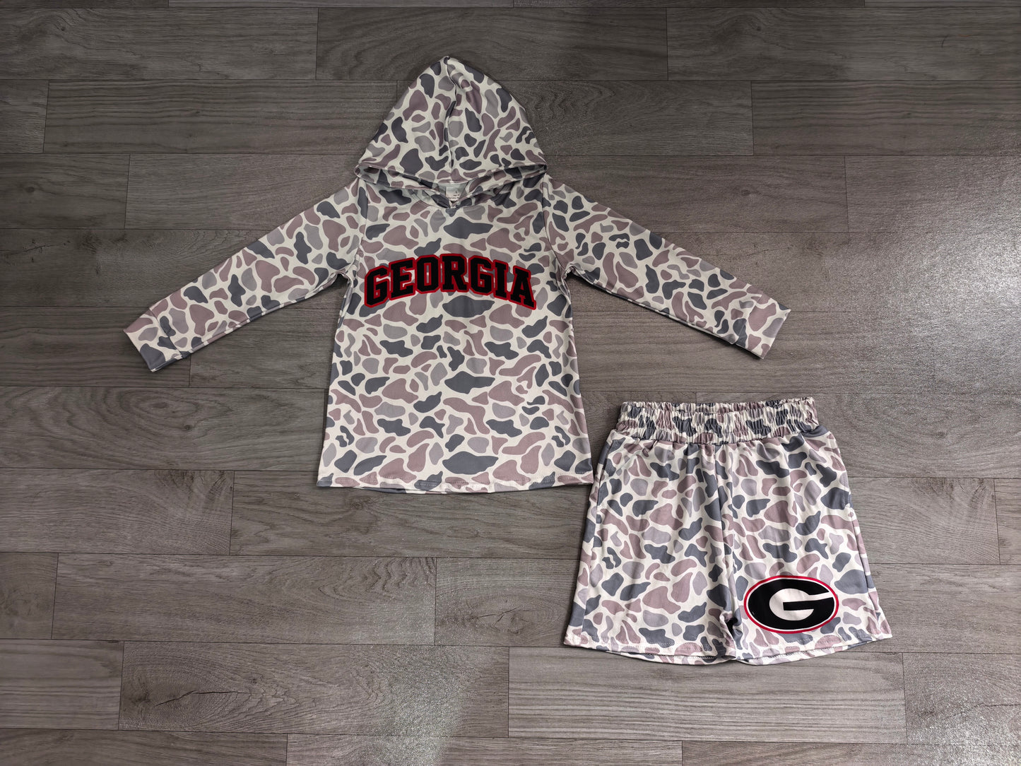 (Sample) No moq milk silk BLS0047 Baby Boys Grey Camo Letter Print Long Sleeve Hoodie Shorts Team Daily Clothes Set