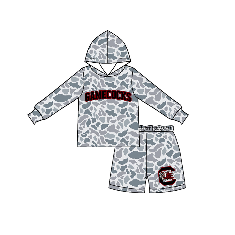 (Preorder new) No moq Baby Boys Grey Camo Print Hooded Long Sleeve Top Short Clothes Set