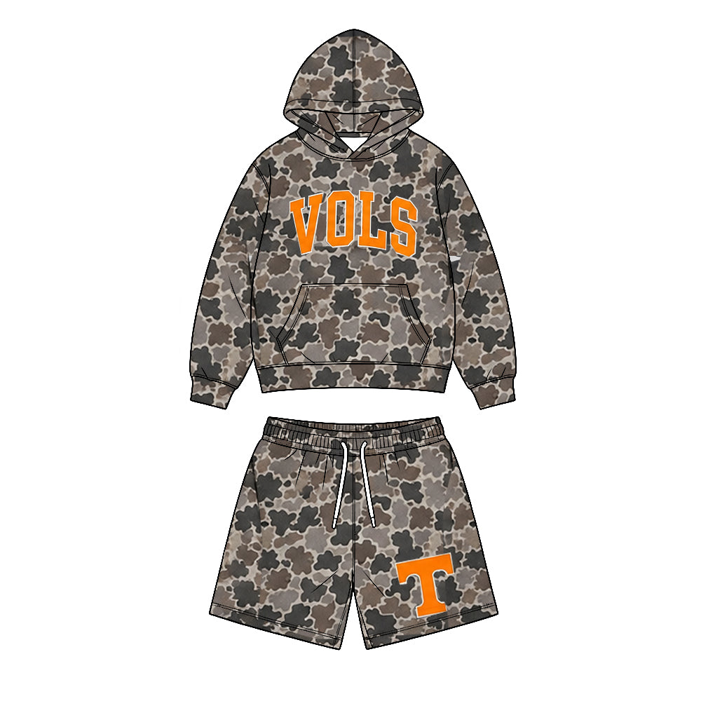 (Preorder new) No moq Baby Kids Camouflage Print Long Sleeve Hooded Top Shorts Set Orange Yoga Split Skirt Separate Shorts Set
