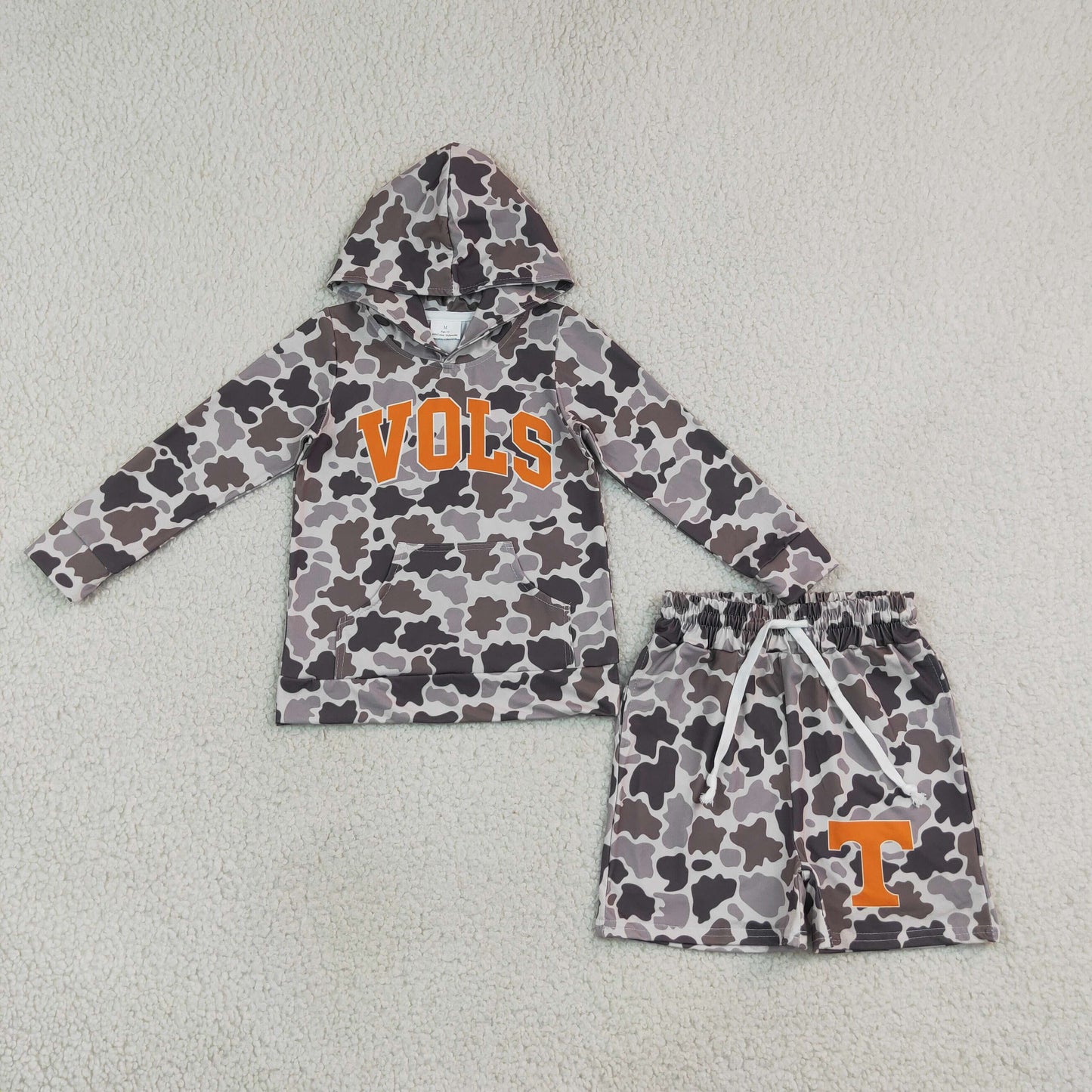 NEW RTS NO MOQ milk silk BLS0049 Baby Boys Camo Letter Print Long Sleeve Hoodie Tops Shorts Team Set