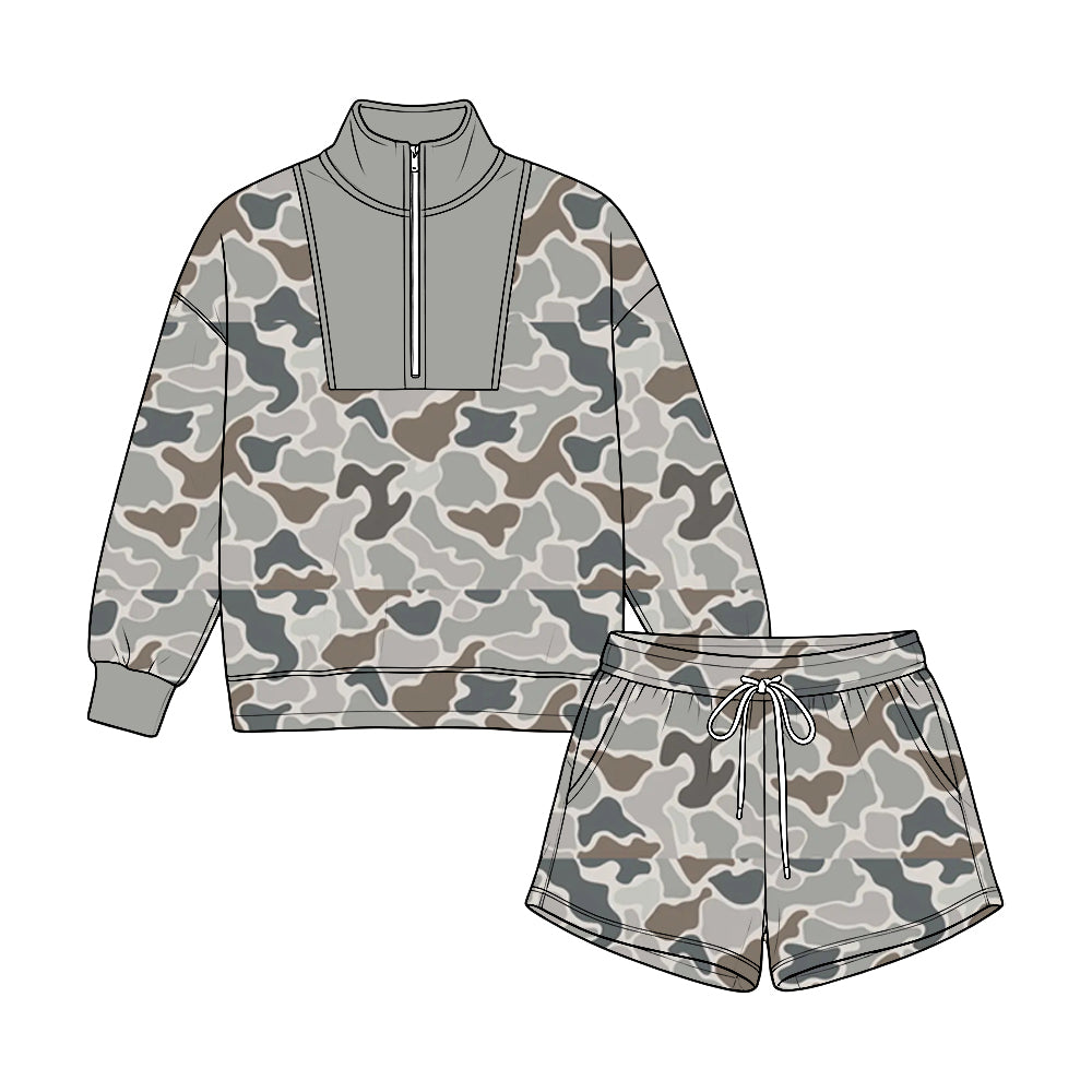 (Preorder new) No moq Baby Girls Boys Camo Print Half Zip Stand Collar Long Sleeve Top Drawstring Short Fall Casual Clothing Set