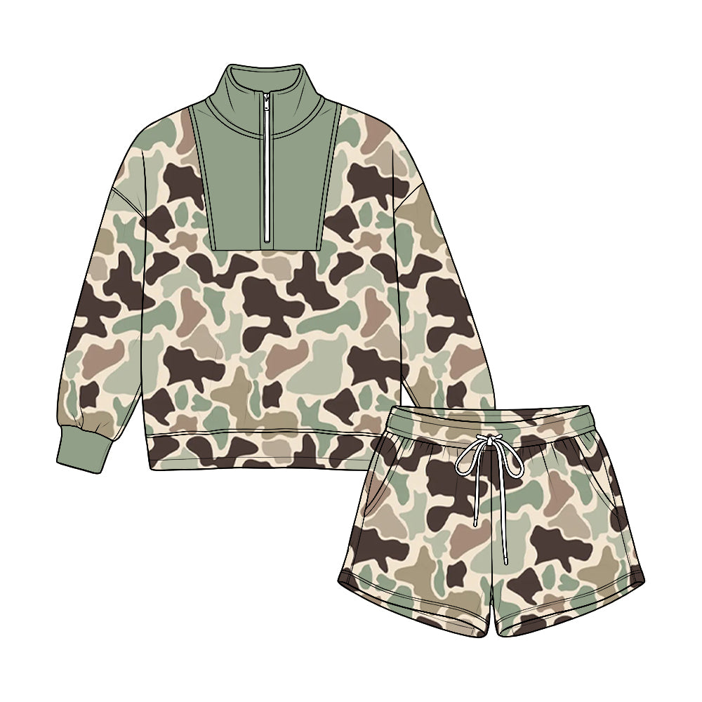 (Preorder new) No moq Baby Girls Boys Camo Print Half Zip Stand Collar Long Sleeve Top Drawstring Short Fall Casual Clothing Set