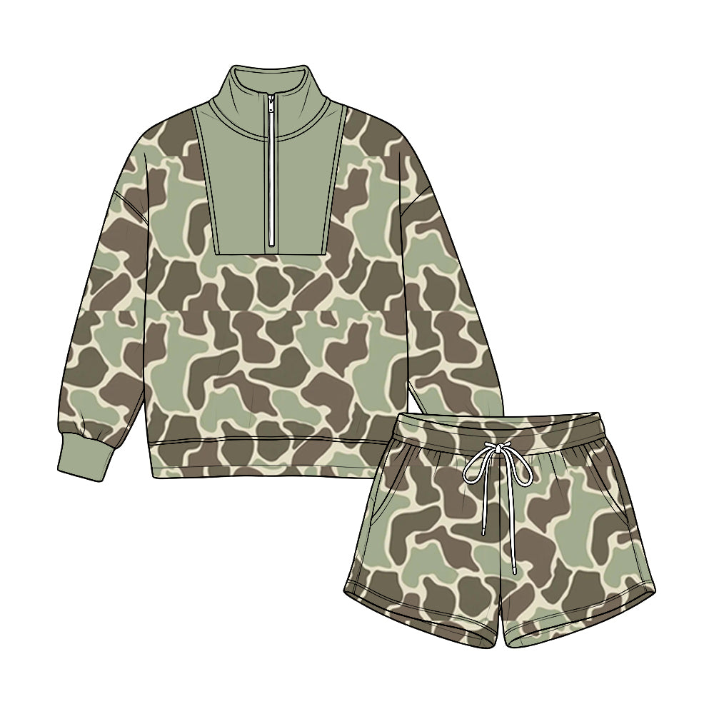 (Preorder new) No moq Baby Girls Boys Camo Print Half Zip Stand Collar Long Sleeve Top Drawstring Short Fall Casual Clothing Set