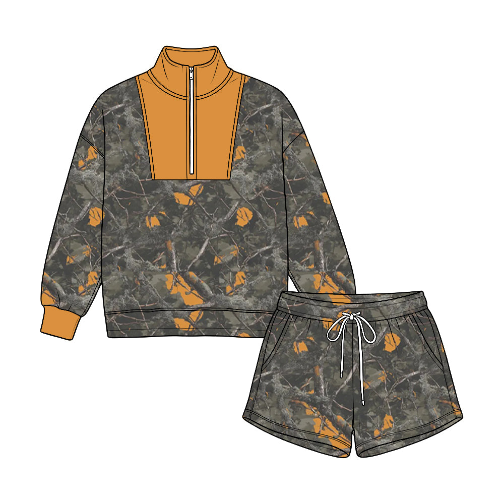 (Preorder new) No moq Baby Girls Boys Camo Print Half Zip Stand Collar Long Sleeve Top Drawstring Short Fall Casual Clothing Set