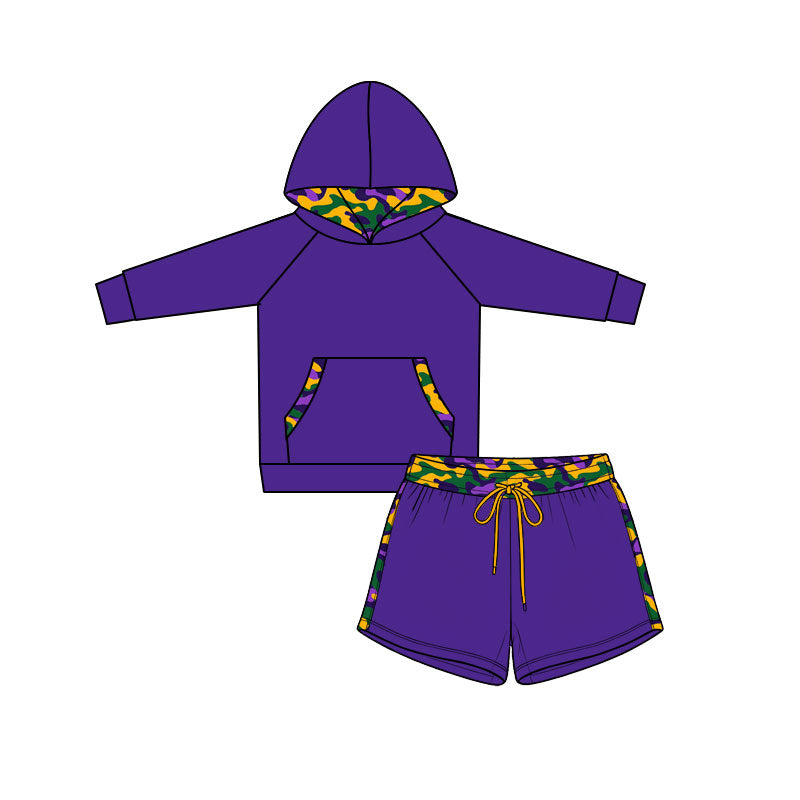 (Preorder new) No moq BLS0061 Baby Boys Purple Camo Lined Hoodie and Drawstring Shorts Set