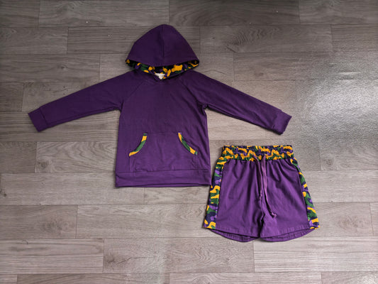 (Sample) No moq milk silk BLS0062 (BT2006+SS1013) Baby Boys Purple Camo Lined Hoodie and Drawstring Shorts Set