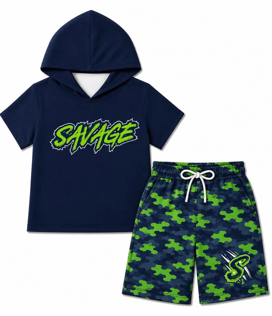 custom moq 5 mix size BM03 Baby Boys Navy Blue Short Sleeve Hooded Top Shorts Outfit Set