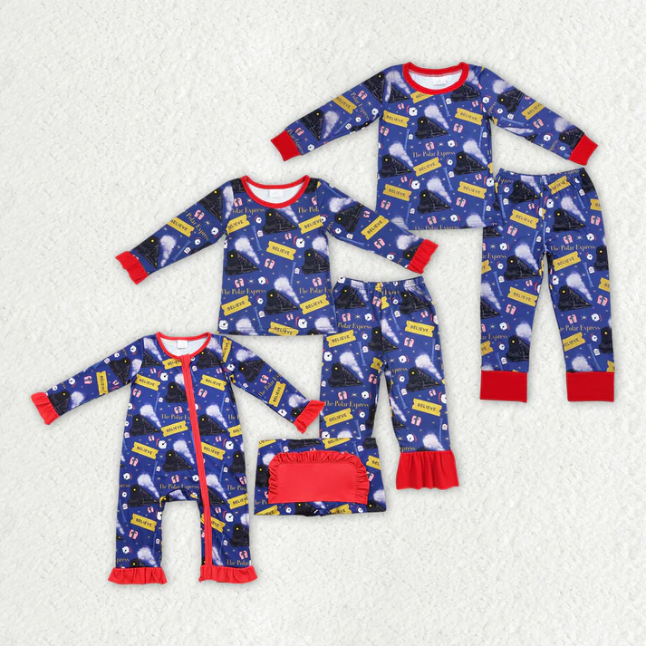 RTS NO MOQ  Girls Boys Christmas Train Tee Shirt Pants Pajamas Sets