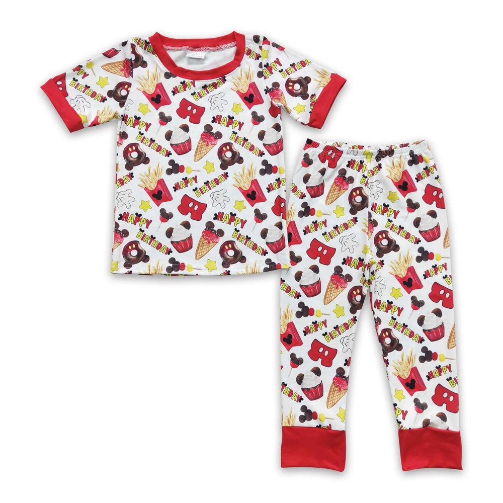 RTS NO MOQ Sibling milk silk Cute Clothes Baby Boys Birthday Cake Print Top Pants Pajamas Clothes Set Matching shirts tops