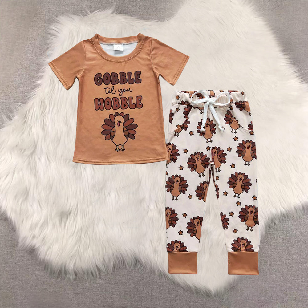 RTS NO MOQ Sibling baby girl boy clothes thanksgiving turkey Print Button Pullover Boys & Girls Long Suits