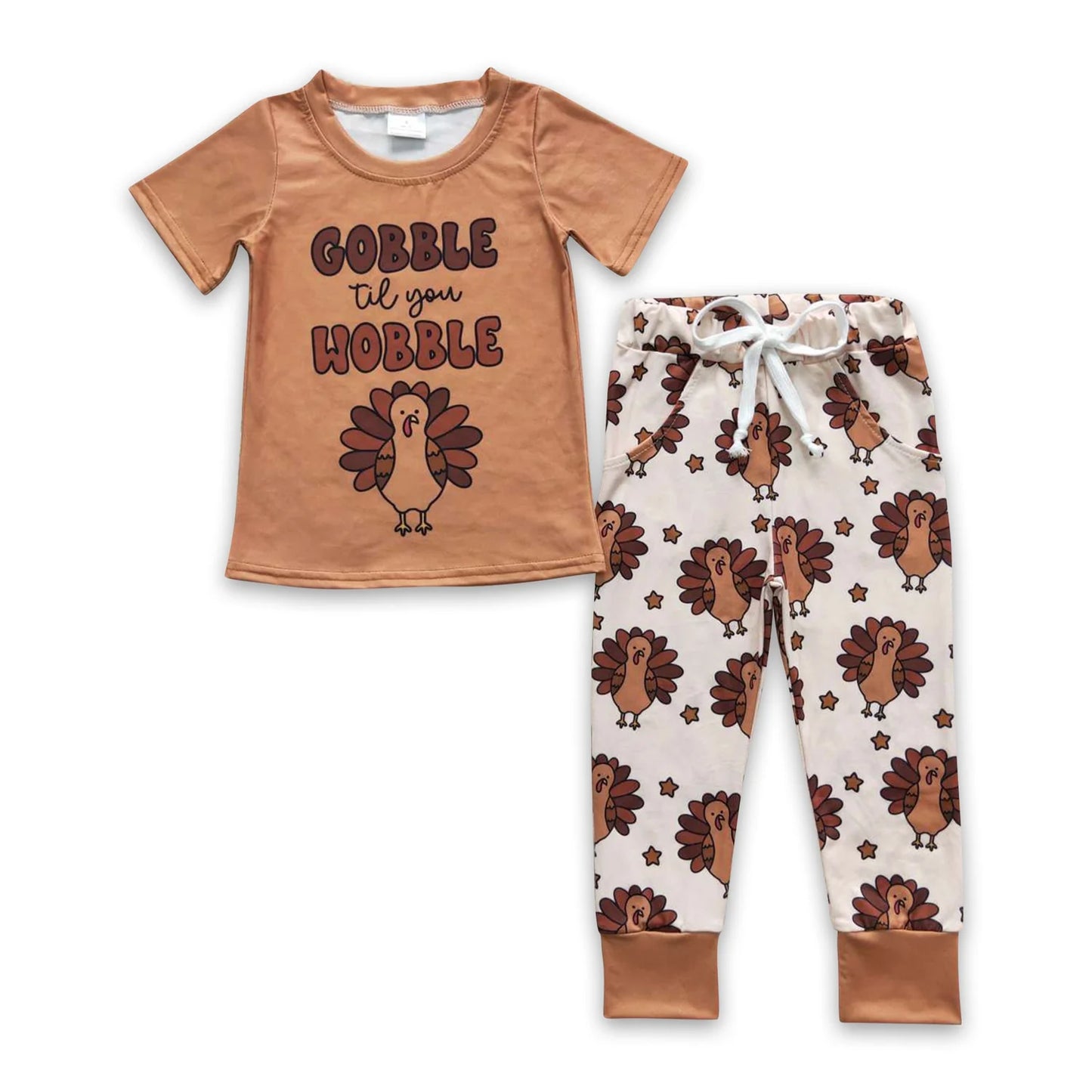 RTS NO MOQ Sibling milk silk Baby Boys Thanksgiving Turkey Print Short Sleeve Shirt Checkered Pants Two Piece Clothes Sets