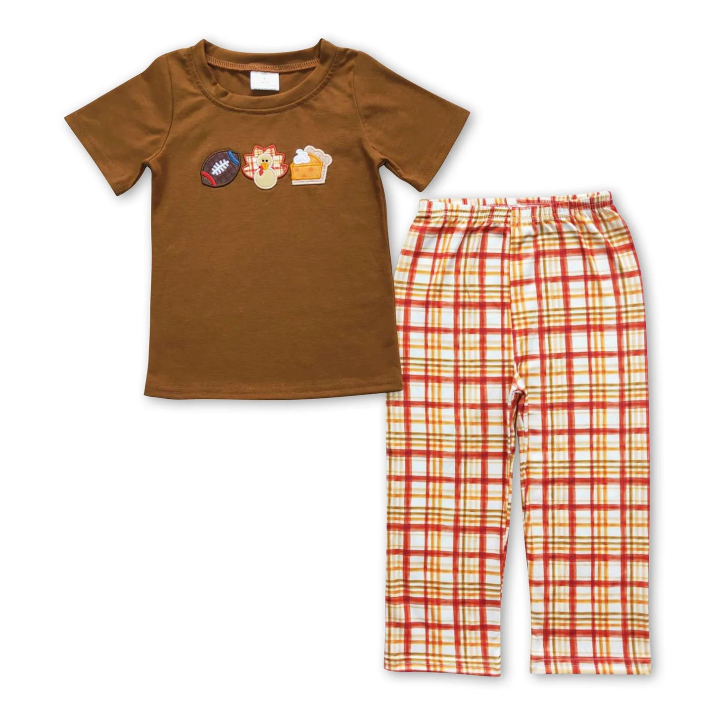 RTS NO MOQ Sibling milk silk Baby Boys Thanksgiving Turkey Print Short Sleeve Shirt Checkered Pants Two Piece Clothes Sets