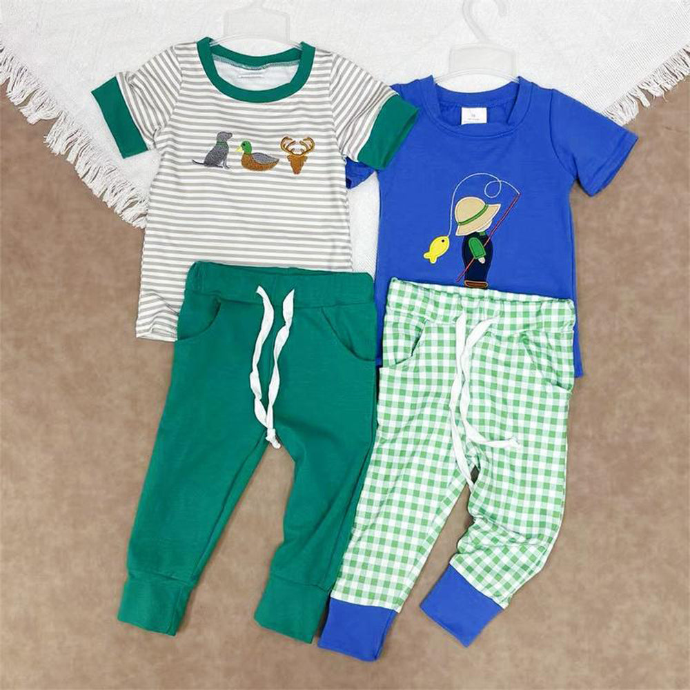 RTS NO MOQ Sibling Baby boy clothes embroidery short sleeve pants Sets
