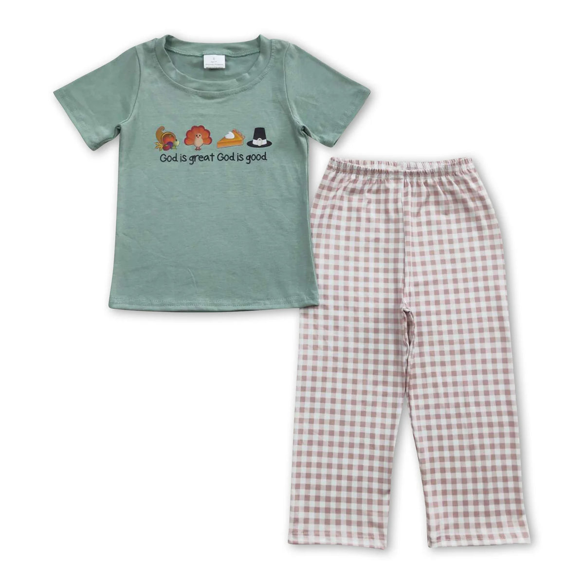 RTS NO MOQ Sibling milk silk Baby Boys Girls Light Green Thanksgiving Turkey Short Sleeve Top Pants Casual Sets Rompers