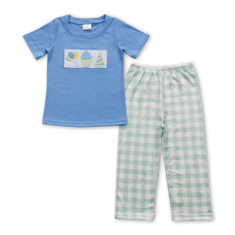 RTS NO MOQ Sibling milk silk Baby Girls Boys Embroidery Birthday Print Short Sleeve Tee Top Matching Pants Clothing Set