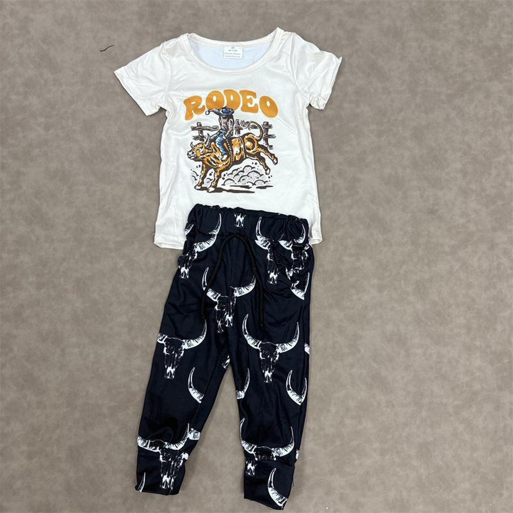 RTS NO MOQ（In Stock) BT0515+P0091 Beige short-sleeved rodeo top Black bull head pants SET