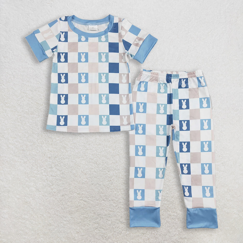 RTS NO MOQ Sibling Baby Boys Blue Checkered Rabbit Print Rompers Pajamas Set Cute Outfit