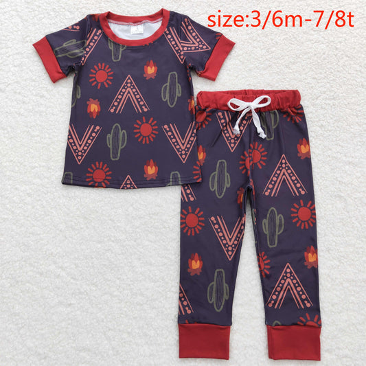 RTS NO MOQ（In Stock) BSPO0326 Cactus Sun Gray Brown Short Sleeve Long Pants Pajama Set