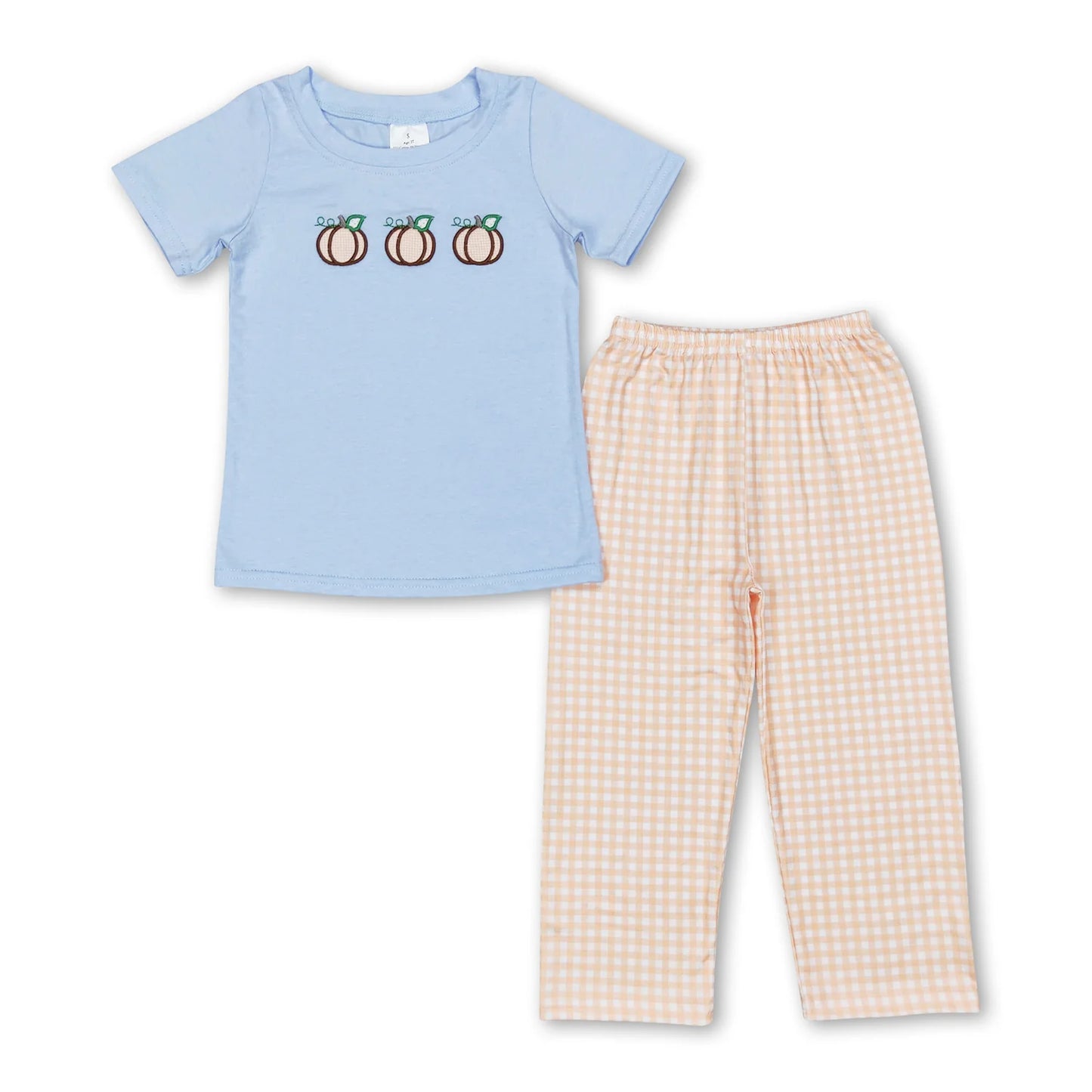 RTS NO MOQ Sibling milk silk Baby Girls And Boys Embroidery Blue Pumpkin Tunic Top Ruffle Hem Pants Two Piece Fall Sets Rompers