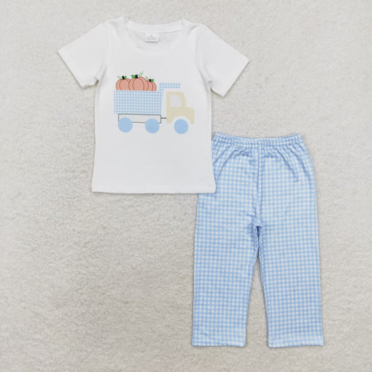 RTS no moq BSPO0398 Pumpkin Truck White Short Sleeve Blue Plaid Trousers Set