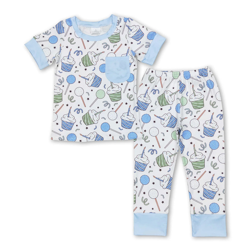 RTS NO MOQ Sibling milk silk Baby Girls Boys Cupcake Print Pocket Top Matching Pants Two Piece Pajamas Clothes Set