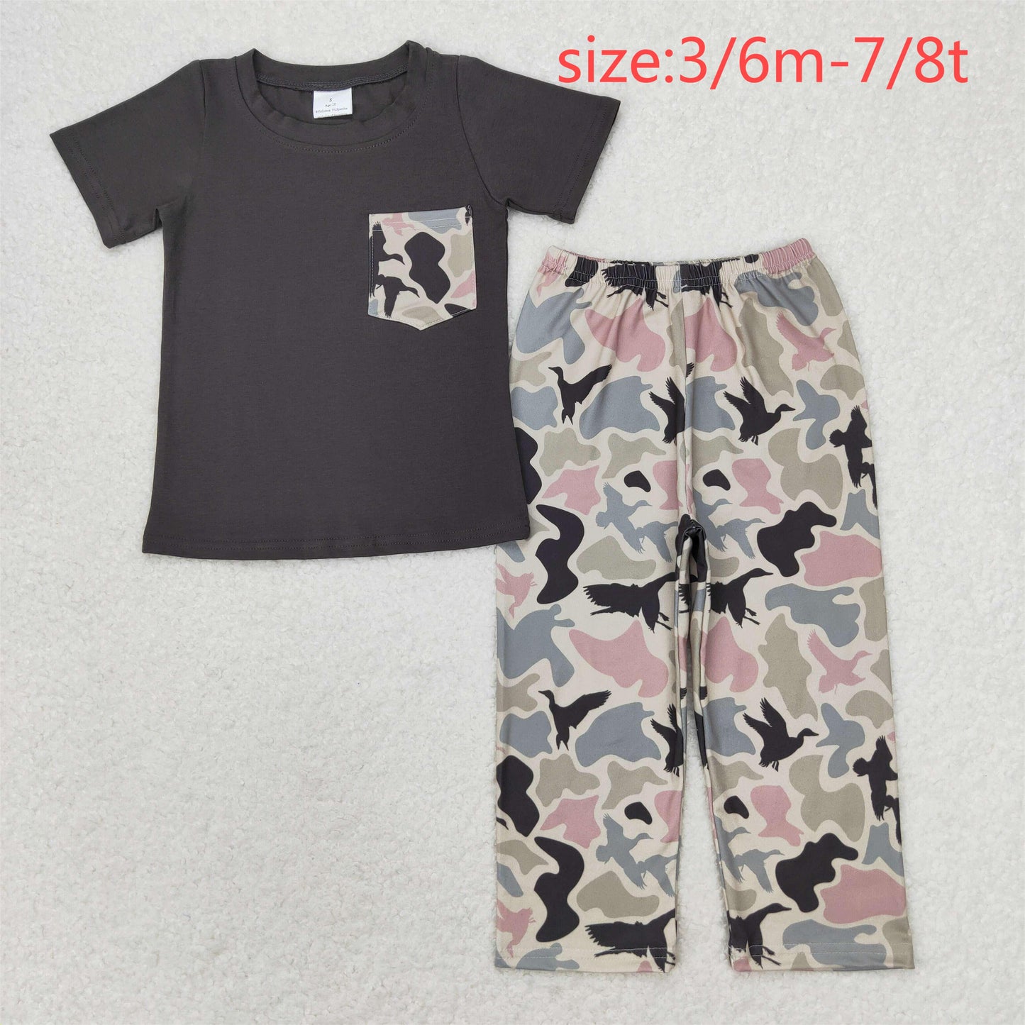 RTS NO MOQ（In Stock) BSPO0415 Duck camouflage pocket gray short-sleeved trousers set