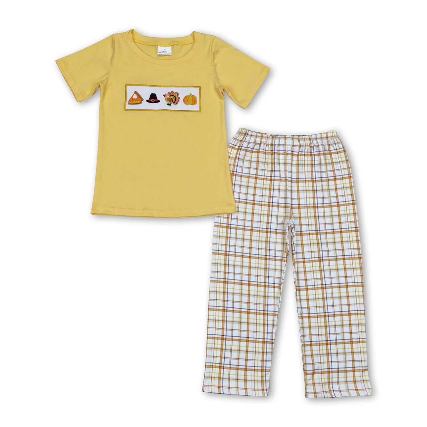 RTS NO MOQ Sibling milk silk Baby Boys Thanksgiving Turkey Print Short Sleeve Shirt Checkered Pants Two Piece Clothes Sets