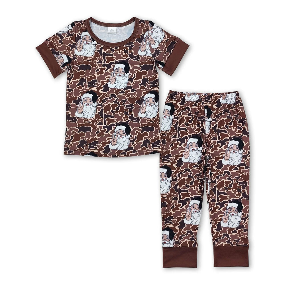 RTS NO MOQ Sibling milk silk Baby Girls And Boys Camo Santa Print Top Pants Pajamas Sets Dress Rompers Blankets