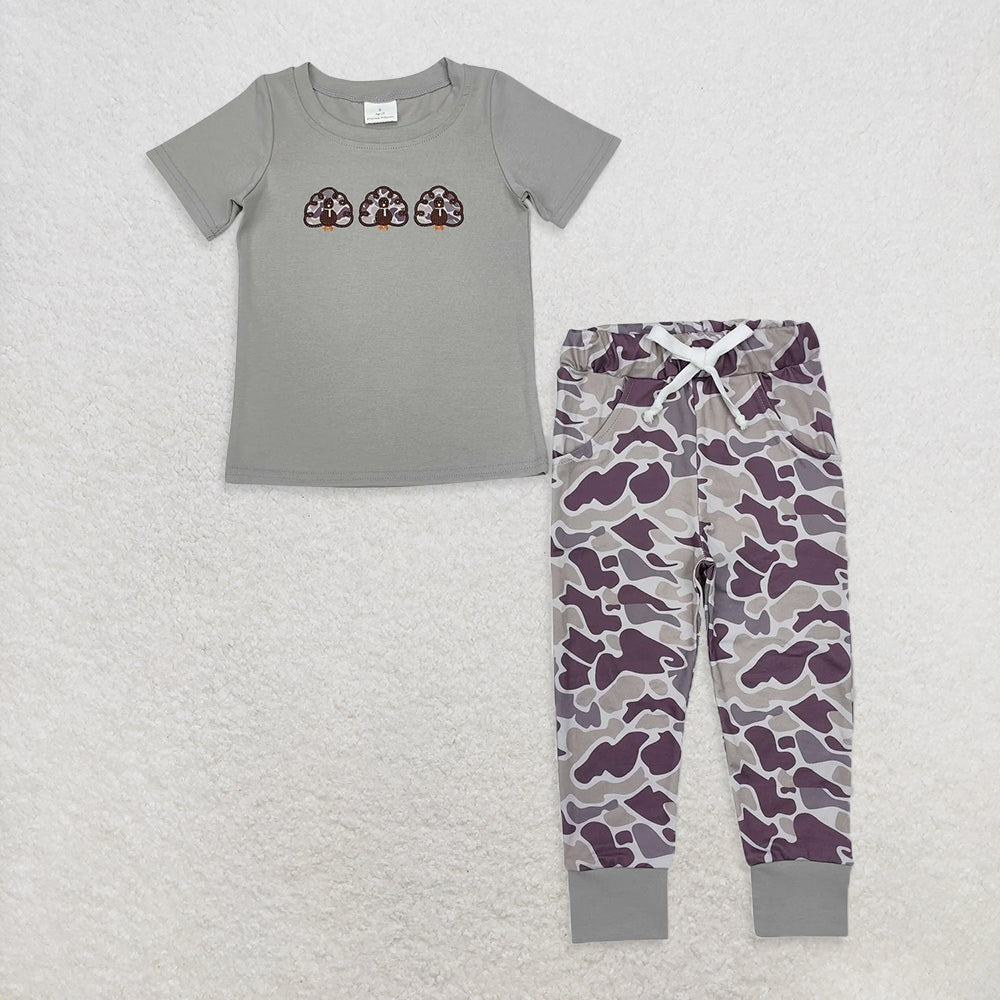 RTS NO MOQ Sibling Baby boy clothes embrodiery turkey short-sleeved trousers suit & romper