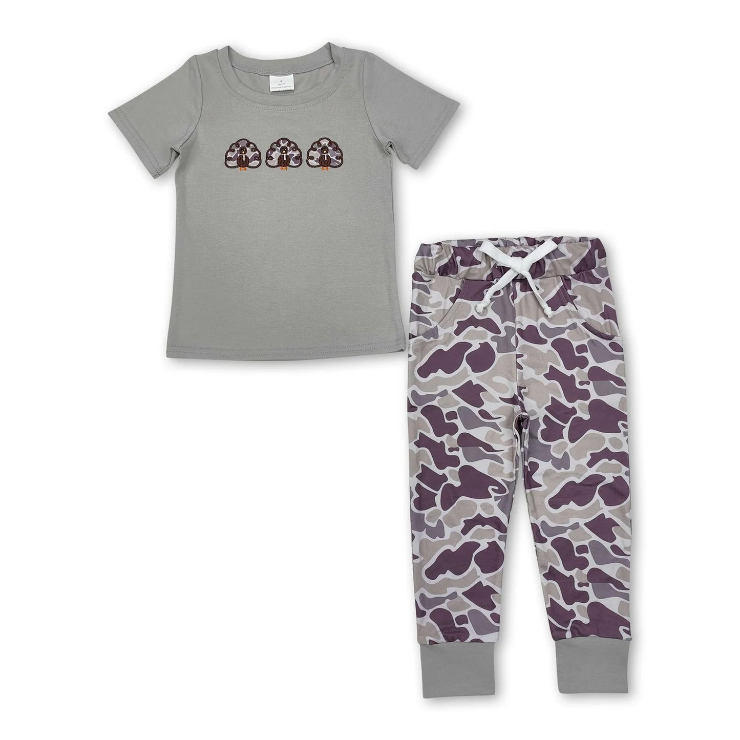 RTS NO MOQ Sibling milk silk Baby Girls Thanksgiving Turkey Print Long Sleeve Top Camo Pants Two Piece Fall Clothes Sets Rompers