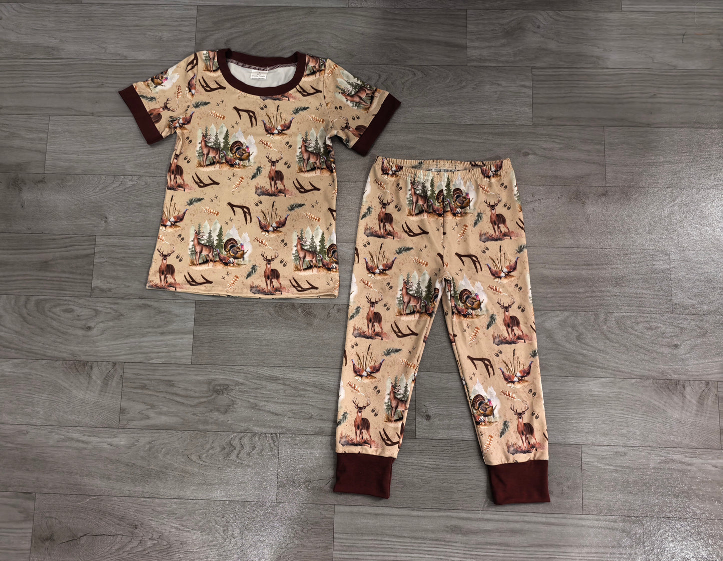 (Sample) No moq milk silk BSPO0494 Baby Boys Deer And Turkey Hunting Short Sleeve Top Matching Pants Fall Winter Hunting Pajamas Set
