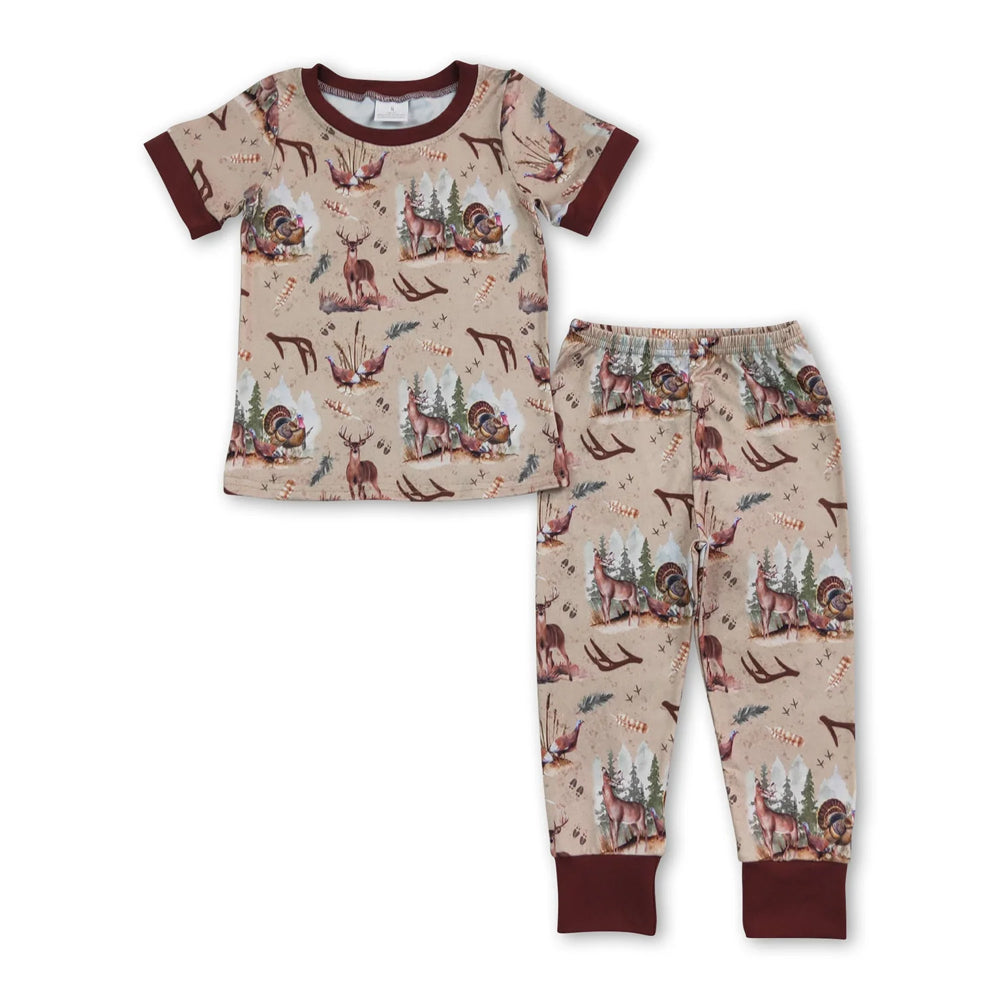 RTS NO MOQ Sibling milk silk Baby Boys Deer Print Zipper Romper And Short Sleeve Pajama Set