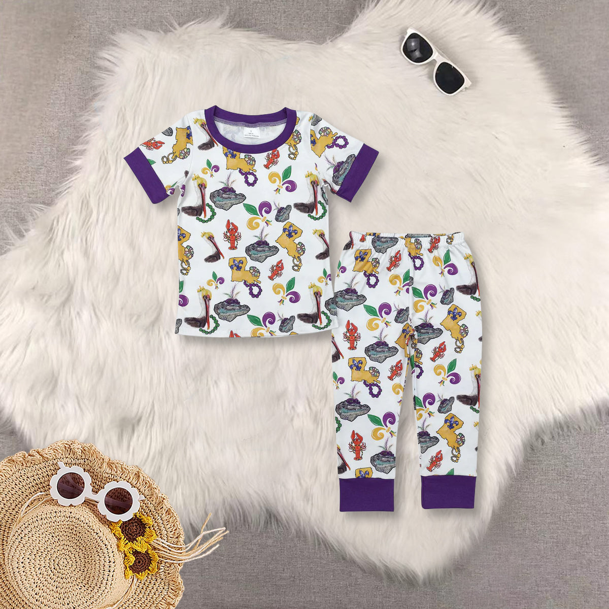 RTS NO MOQ Sibling baby Girls Boys Mardi gras short sleeve pants sets 2 and rompers 2