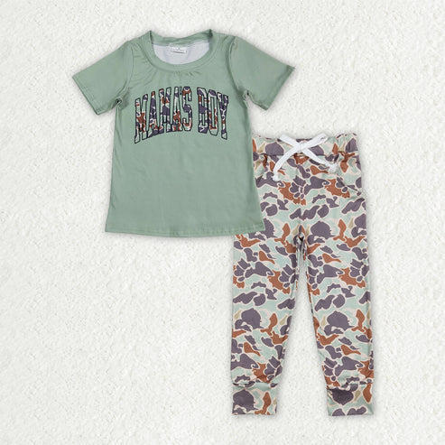 RTS NO MOQ Baby Boys Green Camo 'Mama's Boy' Outfit Set with Top And Lagging Pants - Toddler Boys Clothing Set