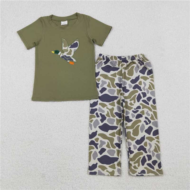 RTS NO MOQ Sibling baby boy clothes embroidered duck camouflage short sleeve trousers suit